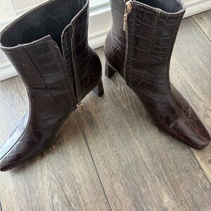 Larroude Croc-Embossed Pointed Ankle Boots in Dark Brown